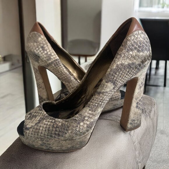 SAM EDELMAN Snake Print Leather Peeptoe Heels SIze 7.5 - Picture 1 of 9